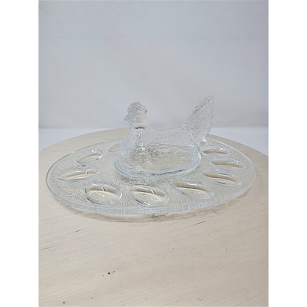 Vtg LE Smith Hen On Nest Deviled Egg Platter 12" x9.5" Clear Glass Serving Tray